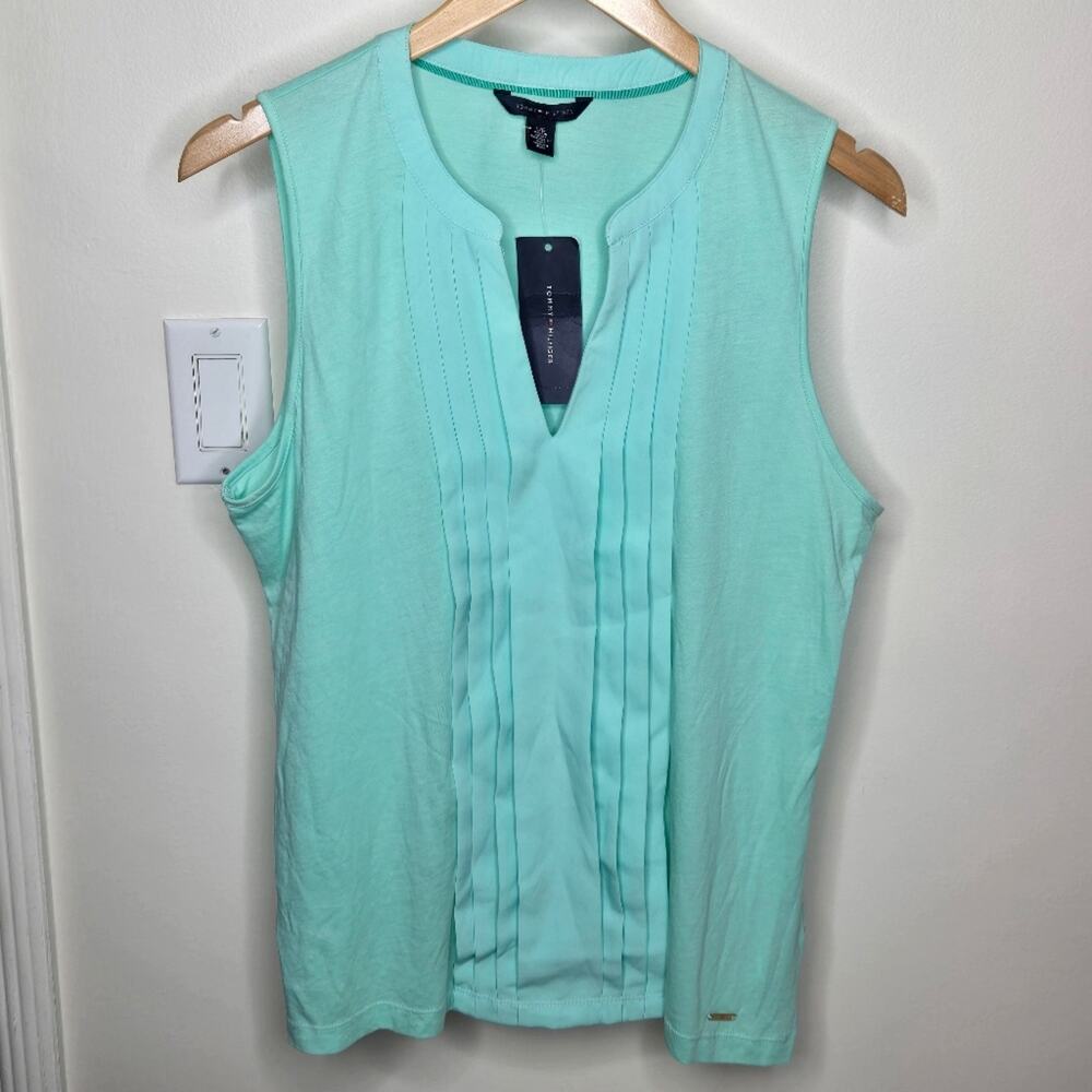 NWT TOMMY HILFIGER Sleeveless Aqua Vneck Pleated Mixed Media Top Size Large